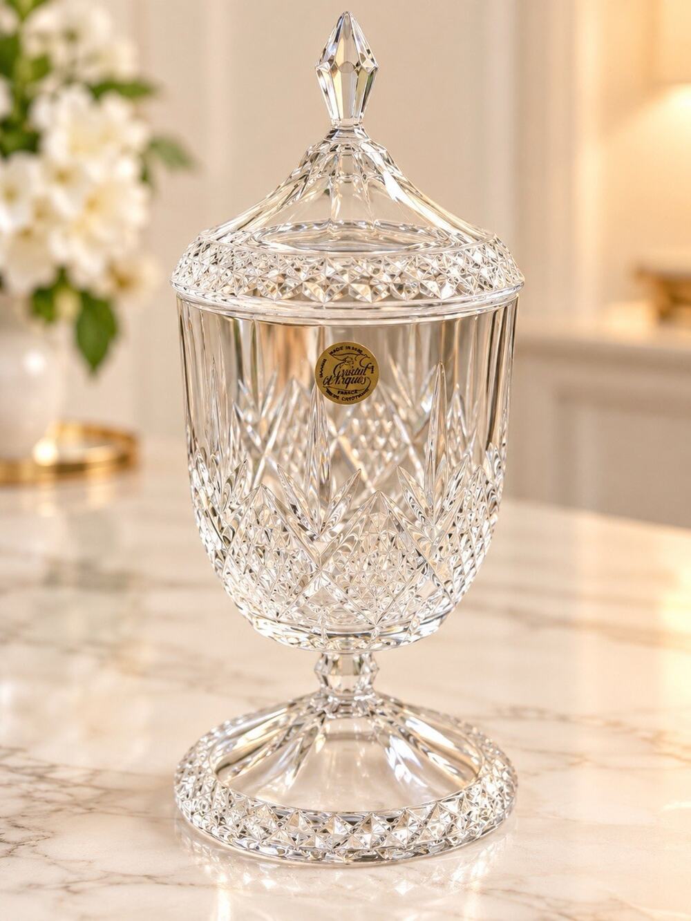 Cristal d’Arques France 24% Lead Crystal Lidded Candy Jar 9.5” Original Label